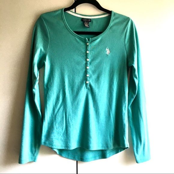 US Polo Assn teal long sleeve cotton henley shirt buttoned front size medium​ - Picture 5 of 8